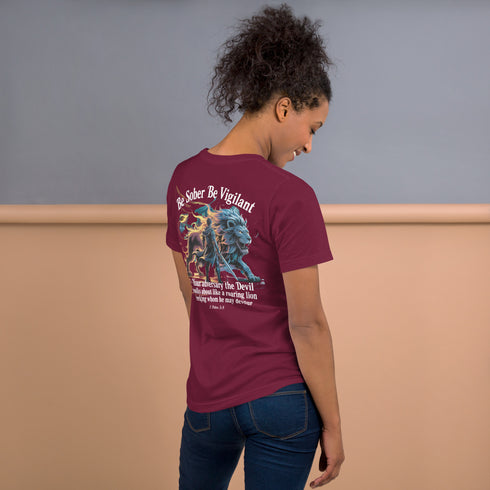 Be Sober Be Vigilant Lion (Back) Christian Bible Verse T-Shirt